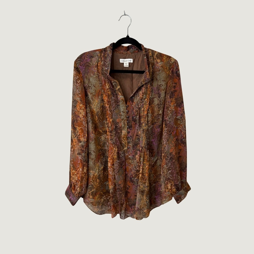 Coldwater Creek Blouse 1X Brown Fall Floral Pintuck Boho Cottage Autumn Layering